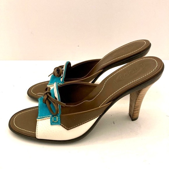 TOD'S Slides Heels Mules Womens 8.5 Brown Blue White Leather Open Toe‎ Slip on - Picture 6 of 11